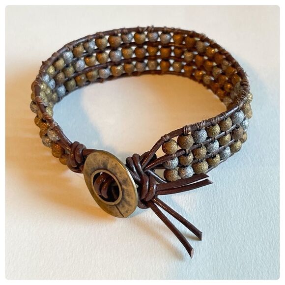 HANDMADE 3 Row Leather and Bead Cuff Bracelet - Picture 5 of 9